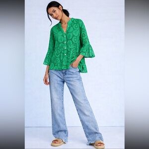 Eyelet Peplum Button-Front Top in Green